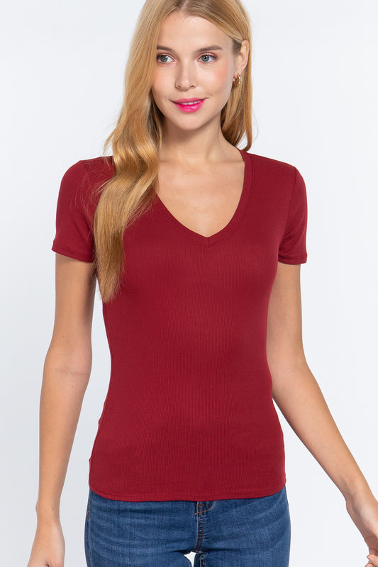 Short Sleeve V-neck Rib Top