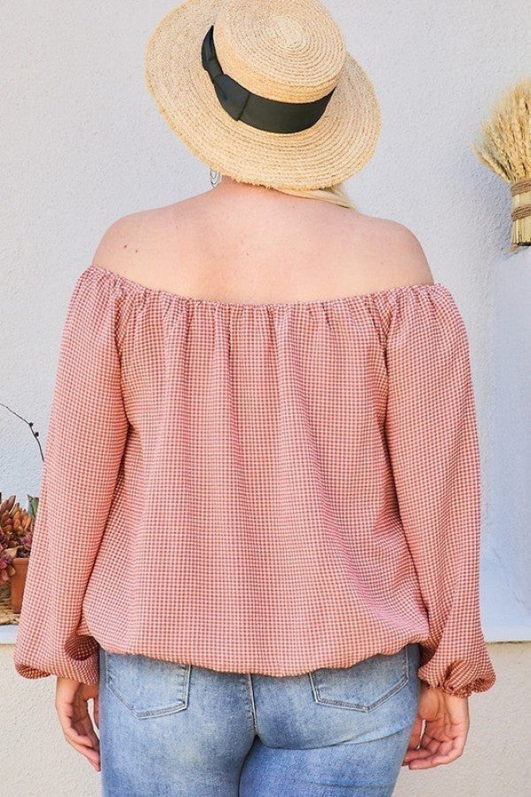 Off Shoulder Long Bubble Sleeve Plaid Top