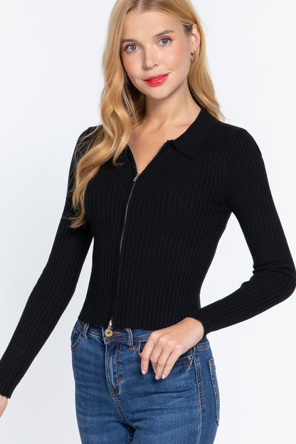 Notched Collar Zippered Sweater