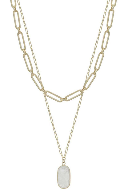 2 Layered Metal Chain Stone Pendant Necklace