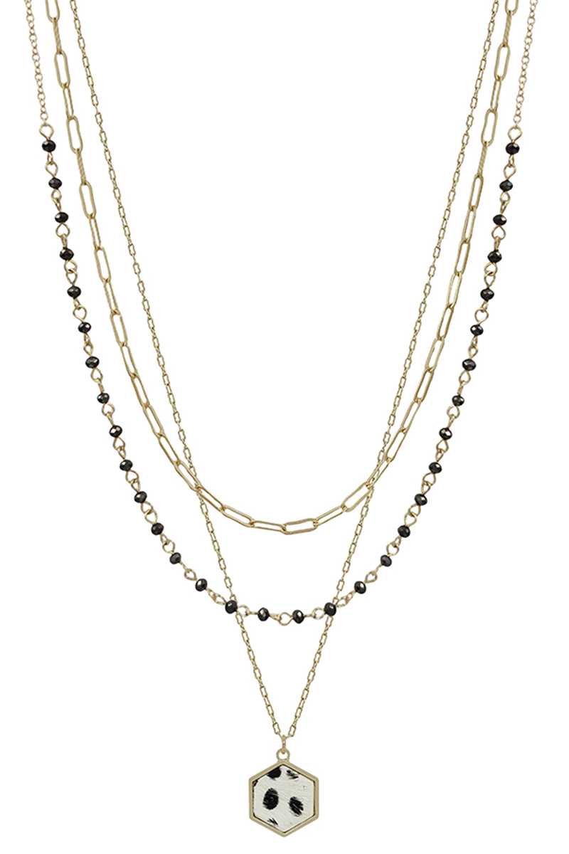 3 Layered Metal Crystal Bead Chain Hexagon Leopard Pendant Necklace