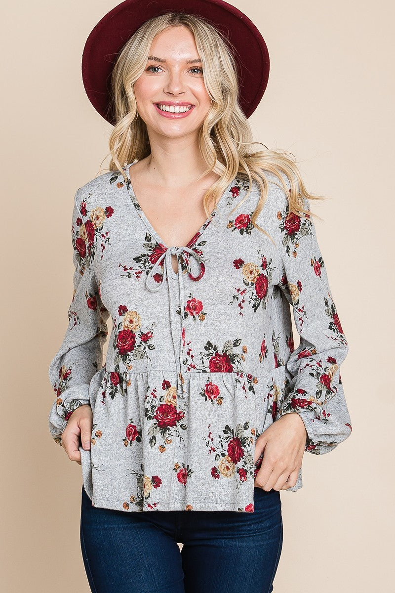 Floral Hacci Printed Babydoll Top With Elastic Cuff Sleeves