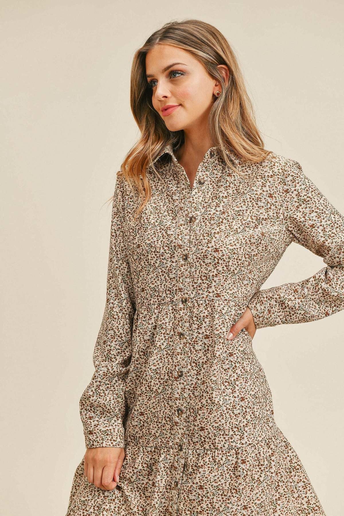 Corduroy Printed Button Down Front Collar Long Sleeve Dress