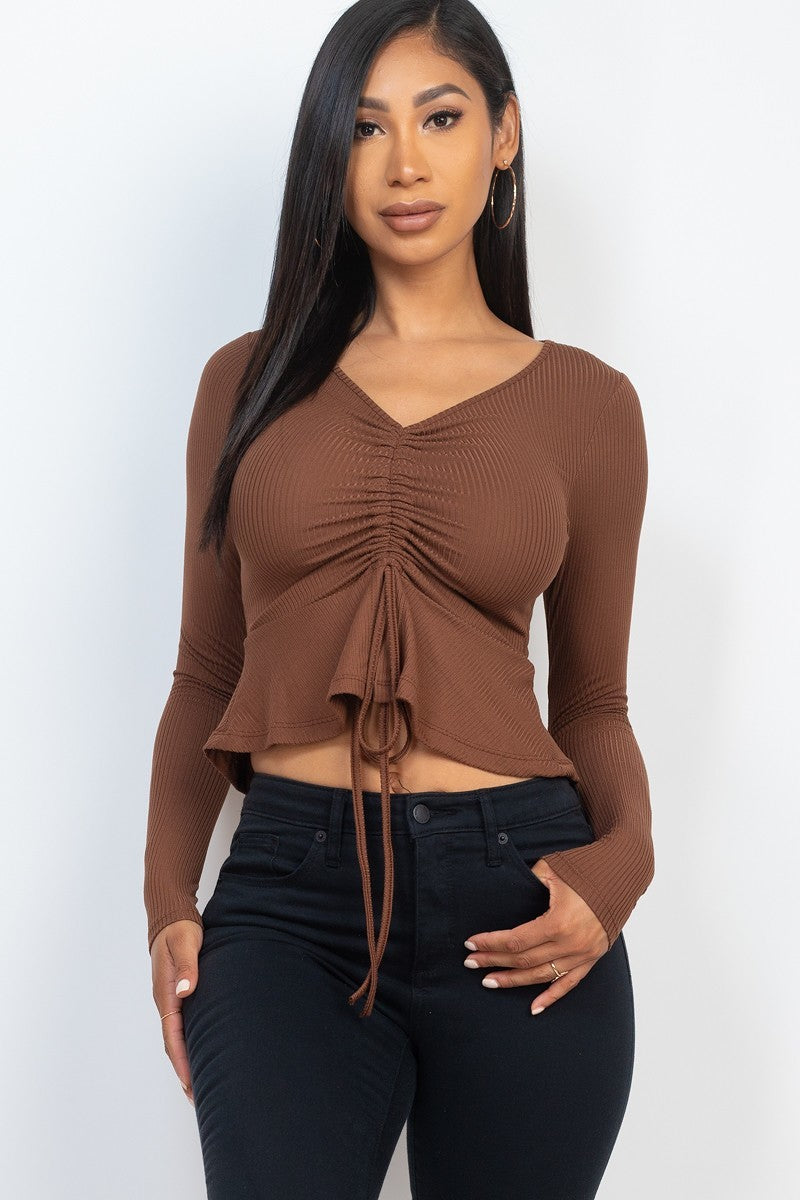 Ribbed Drawstring Front Long Sleeve Peplum Top