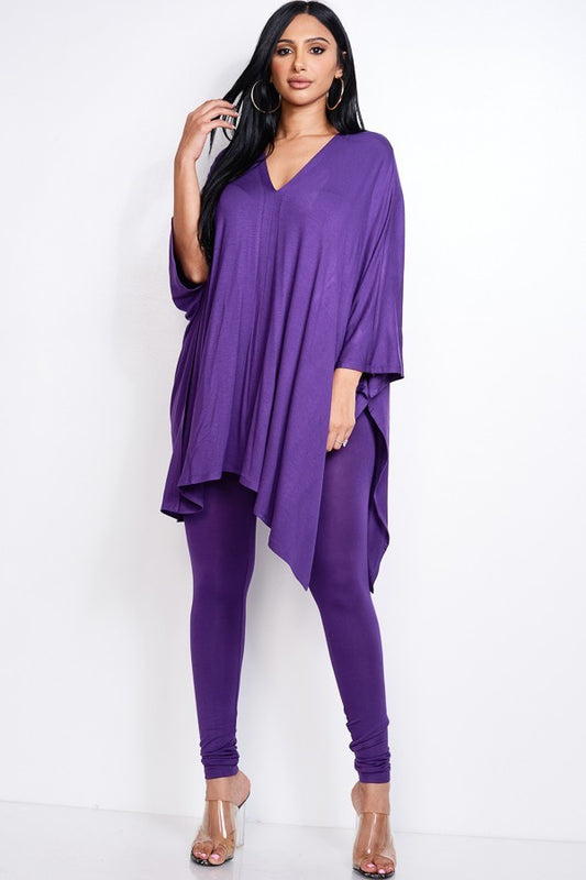 Solid Heavy Rayon Spandex Cape Top And And Leggings 2 Piece Set