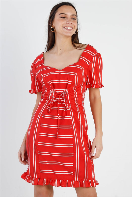 Red Stripe Lace Up Front Detail Ruffle Trim Balloon Sleeve Dress