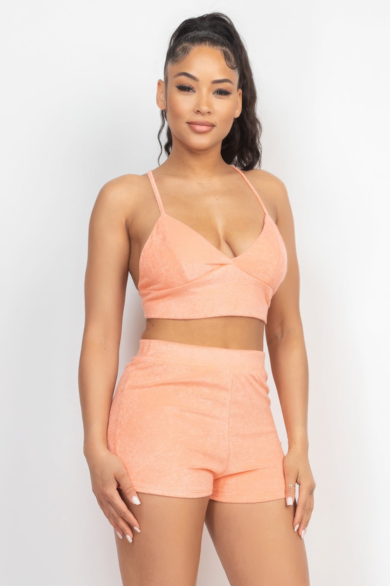 Terry Towel Bralette Top & Mini Shorts Set