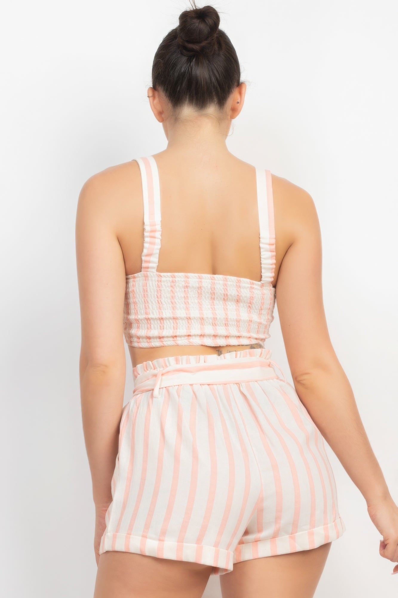 Tie-front Striped Crop Top & Belted Shorts Set