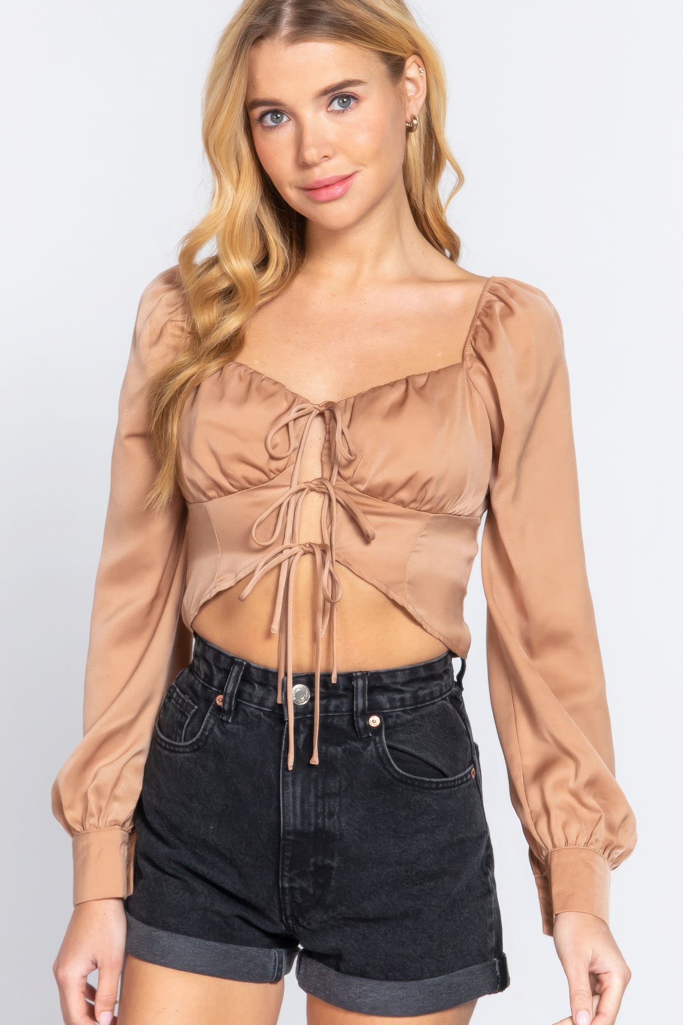 Long Sleeve Sweetheart Neck Front Ribbon Tie Detail Woven Top