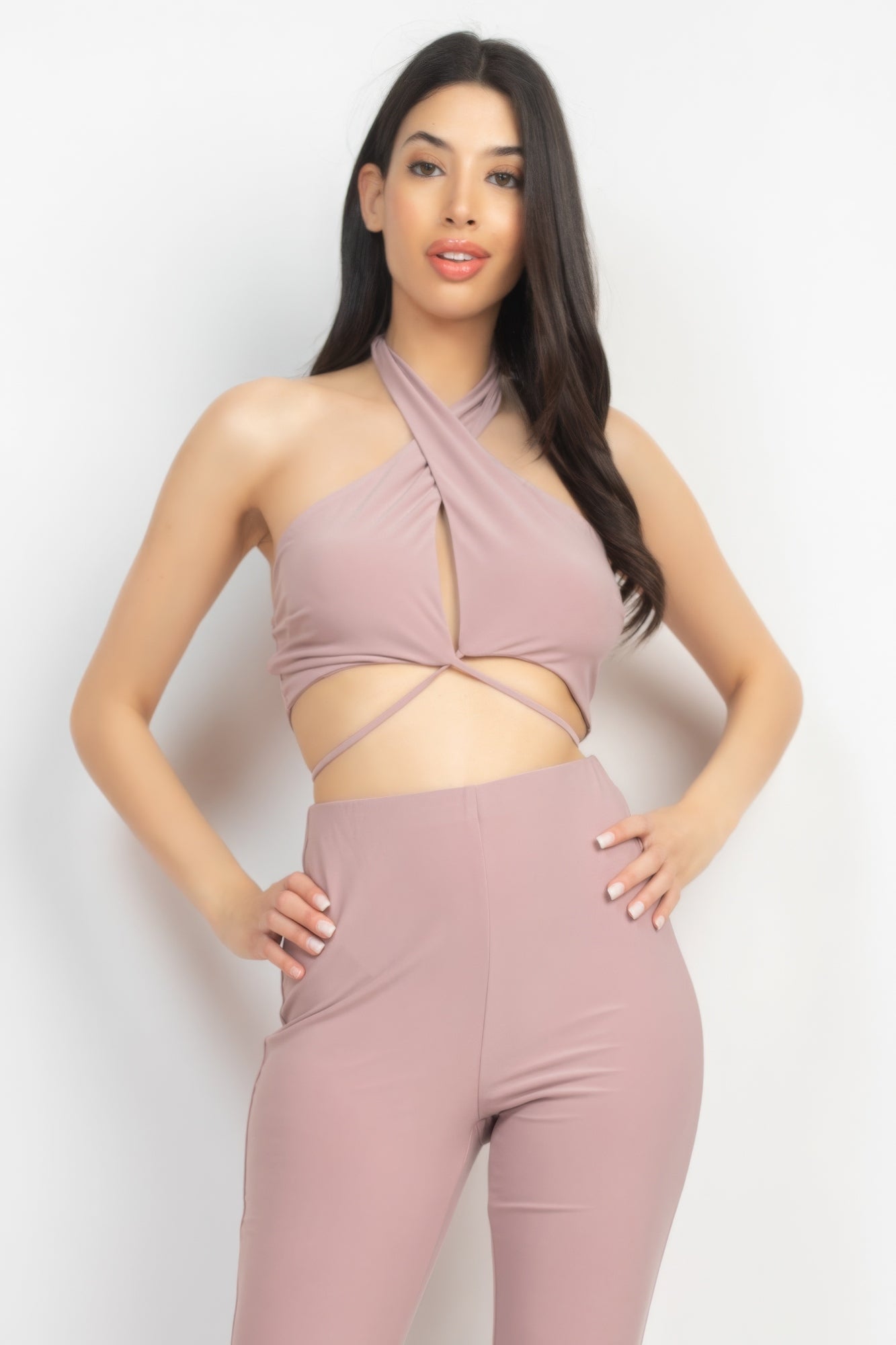 Solid Halter Top And Elastic Leggings Set