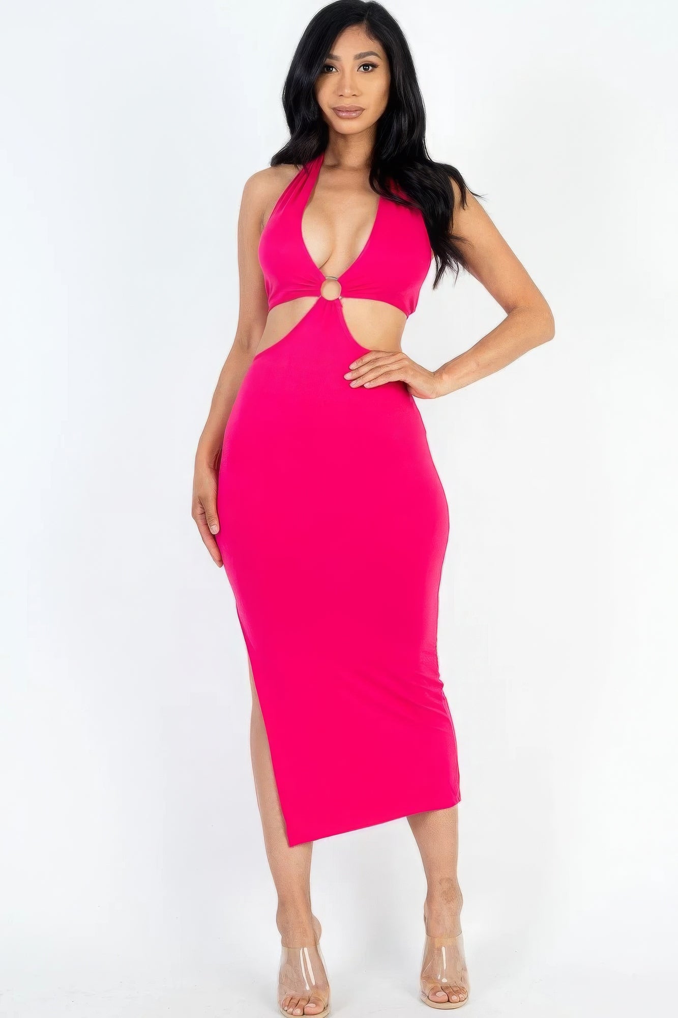 Cut-out Halter Neck Double Back Tie Split Thigh Midi Dress