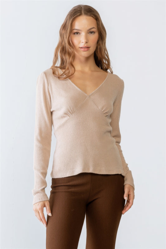 Sand Ribbed V-neck Long Sleeve Soft To Touch Top