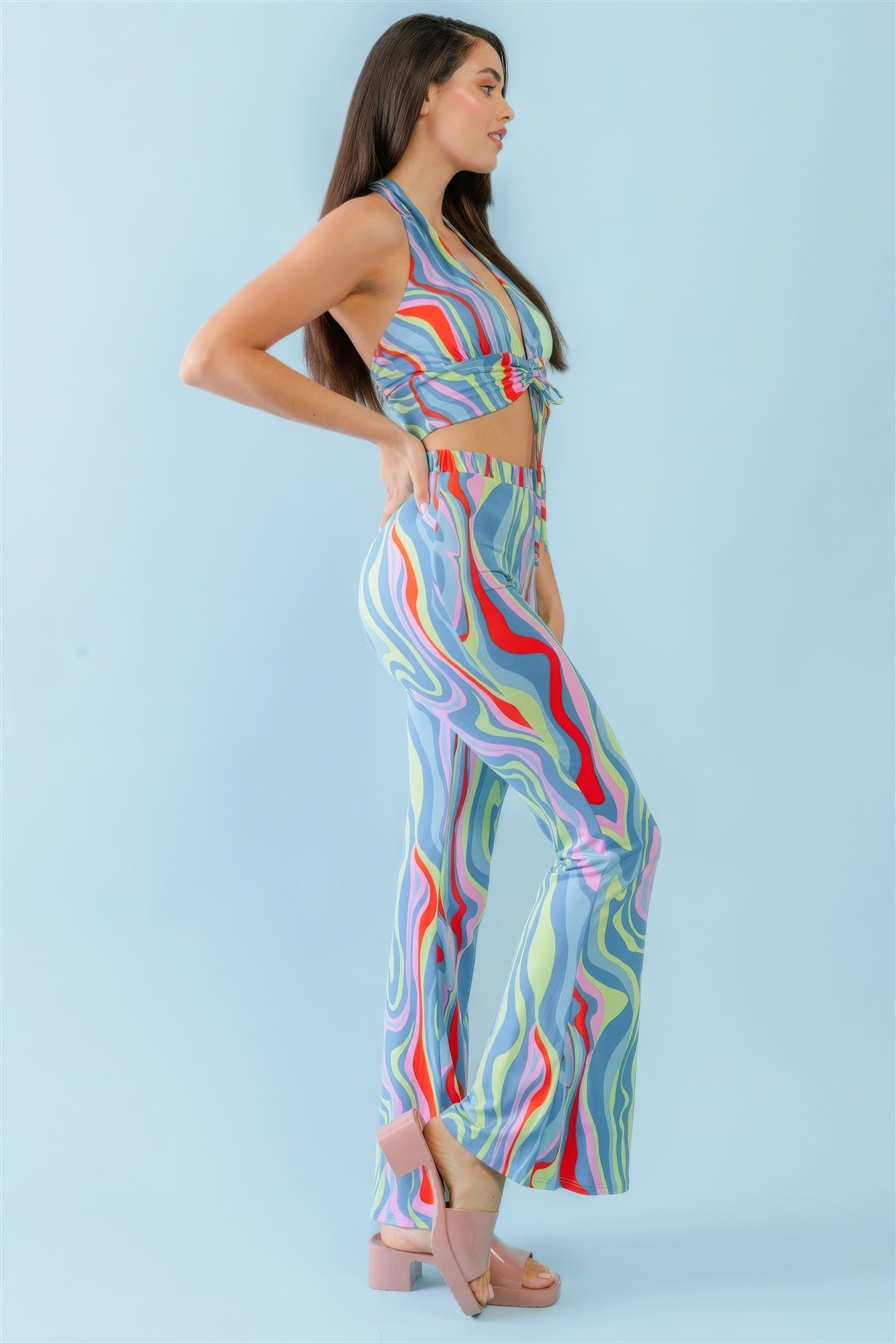 Multicolor Abstract Print Halter V-neck Ruched Open Back Crop Top & High Waist Pants Set