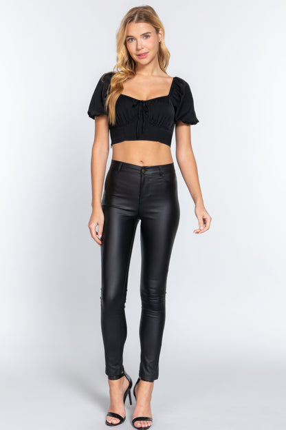 Short Slv Shirring Satin Crop Top