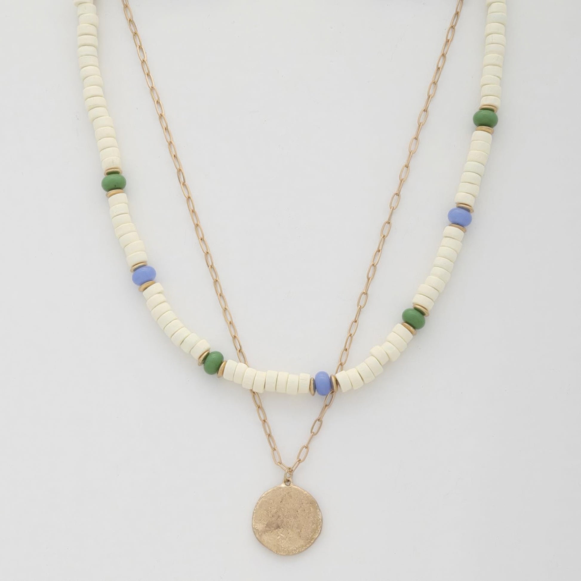 Coin Wood Bead Layered Necklace