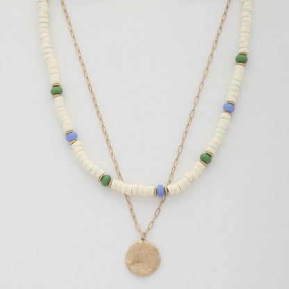 Coin Wood Bead Layered Necklace