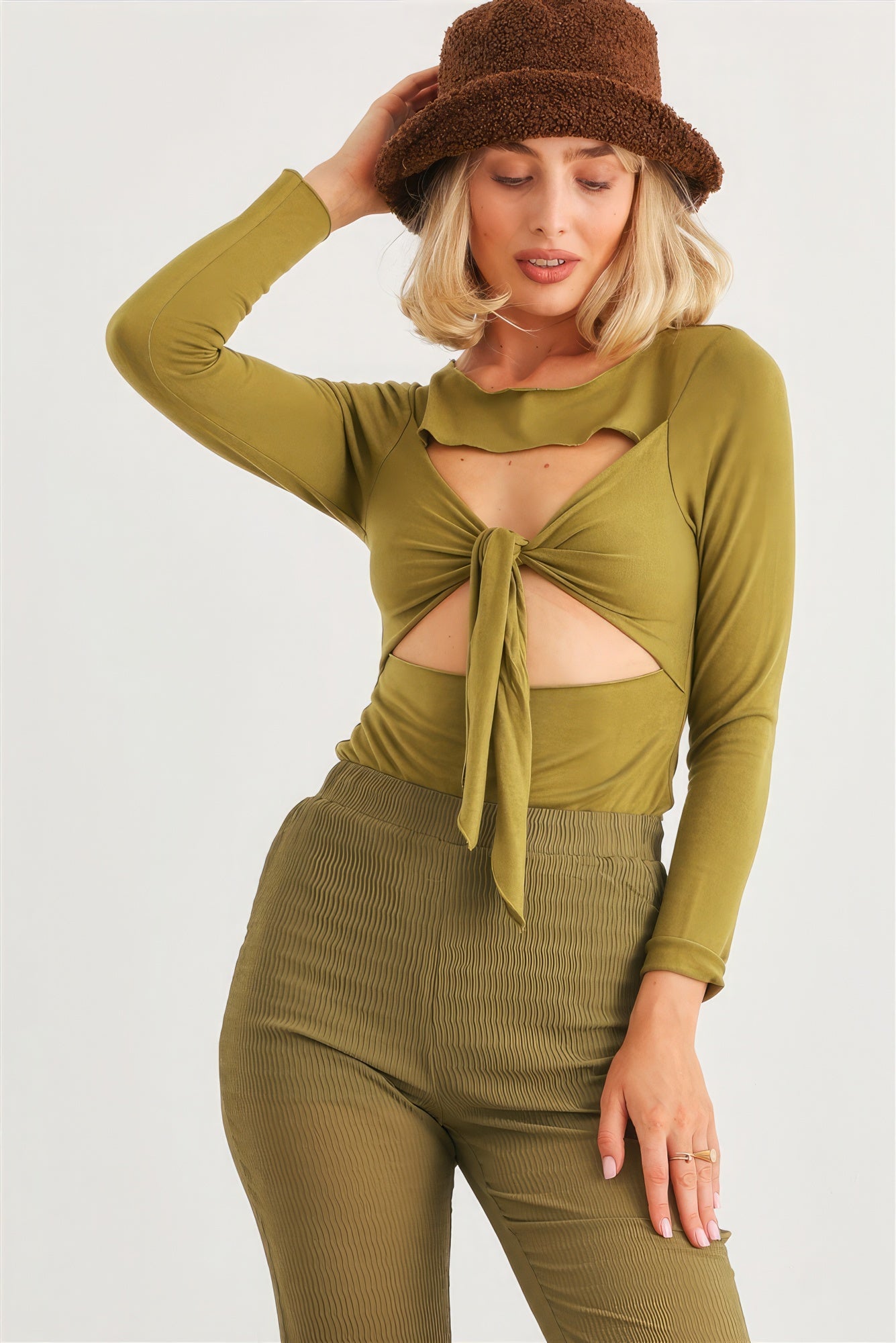 Green Cut-out Tie Knit Long Sleeve Bodysuit