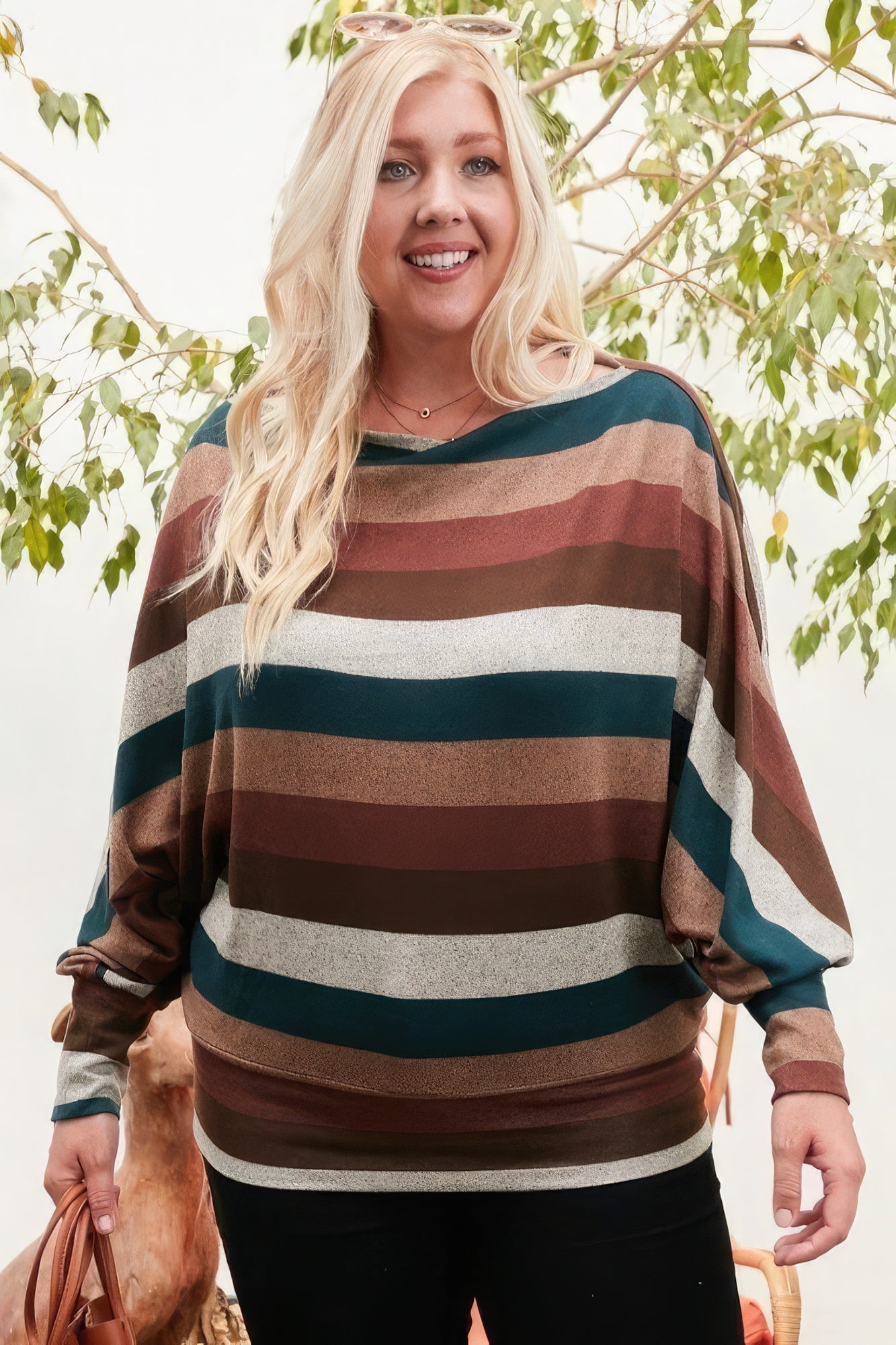 Boat Neck Long Bubble Sleeve Multi Stripe Print Knit Top