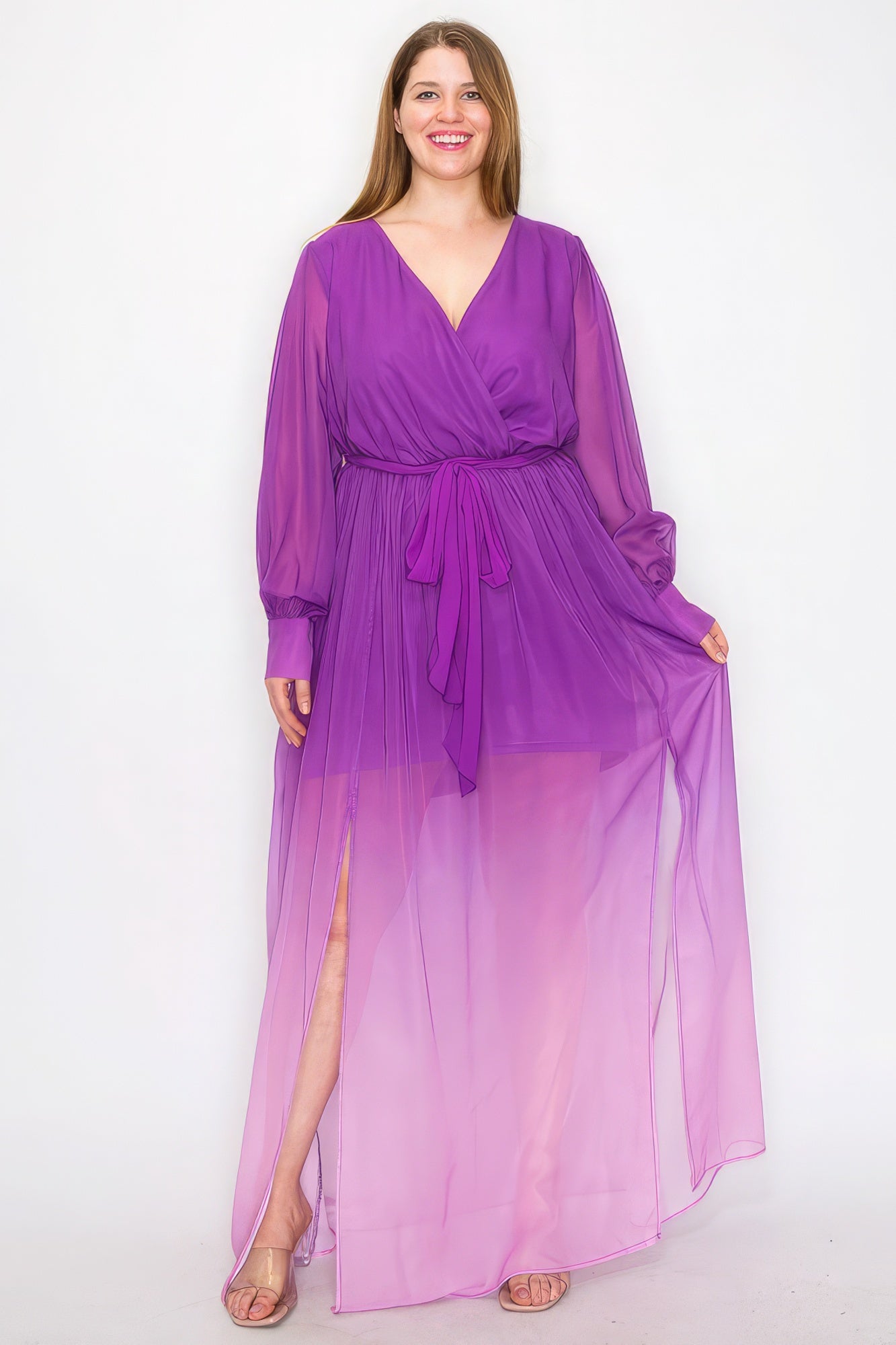 Ombre Chiffon Wrap Front Long Sleeve Tie Waist Slit Front Maxi Dress