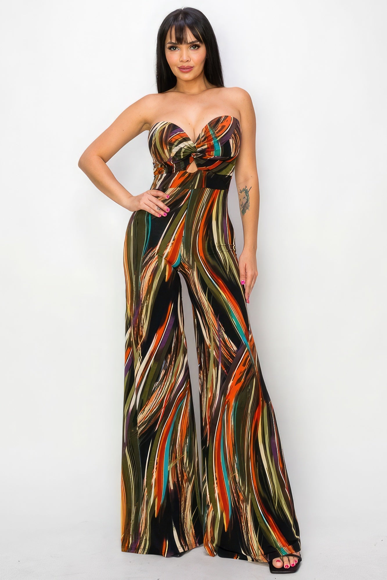 Allover Print Twist Front Wide Leg Jumpsuit