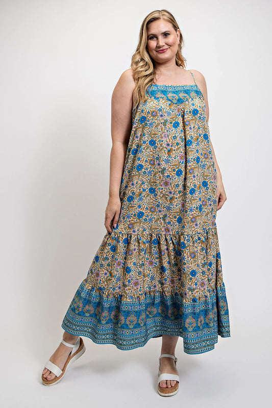 Floral And Aztec Print Drop Down Maxi Dress With Spaghetti Strap