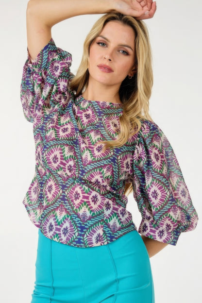 Puff Sleeve Multi-print Top