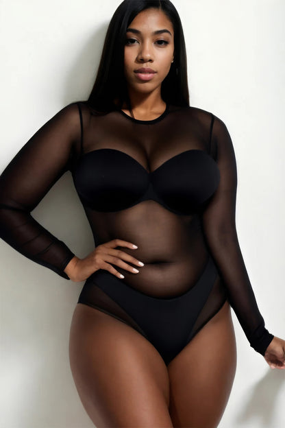 Plus Size Sexy Sheer Mesh Long Sleeve Bodysuit