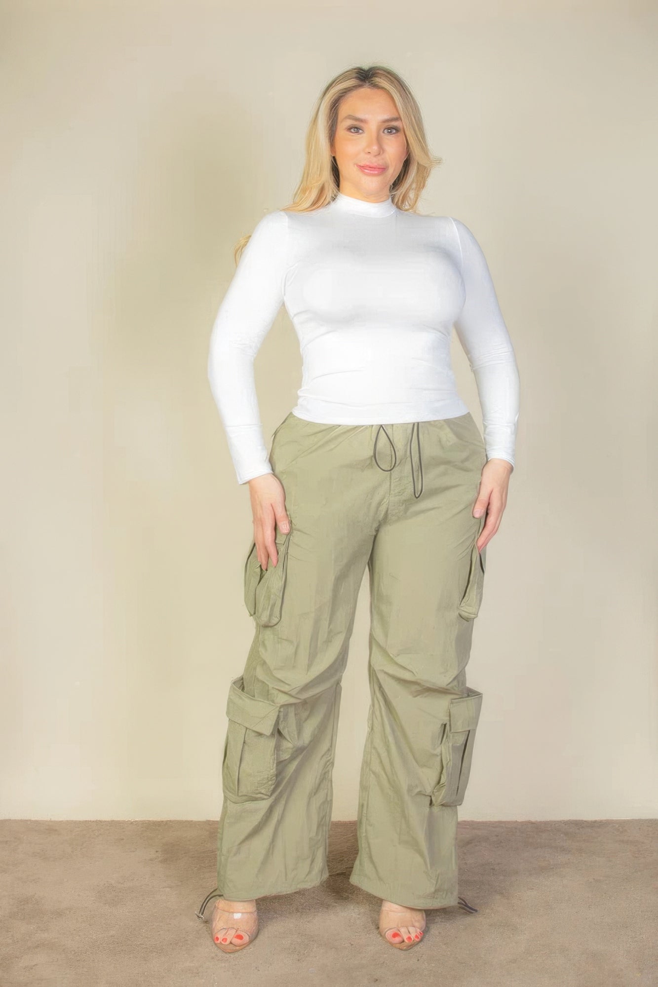 Plus Size Flap Pockets Drawstring Ruched Parachute Pants