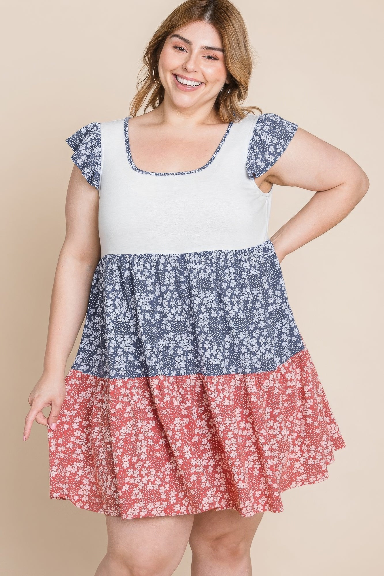 Plus Size Floral Color Block Contrast Tiered Babydoll Dress