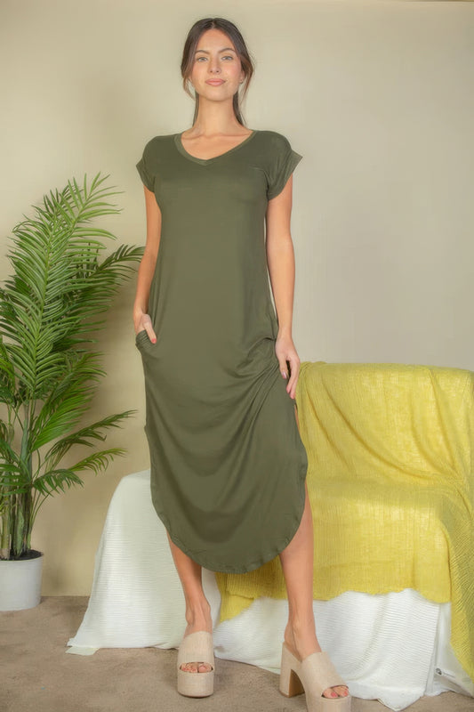 Hidden Pocket Batwing Sleeve V Neck Long Dress