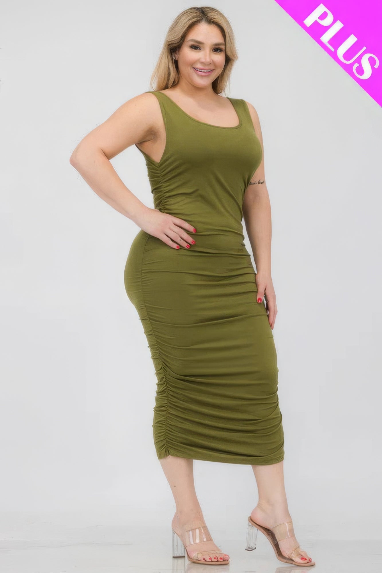 Plus Size Square Neck Ruched Bodycon Midi Dress