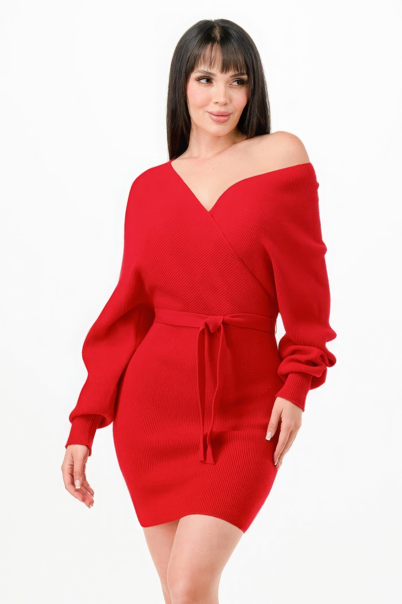 Off Shoulder Wrap Belted Ribbed Sweather Dress