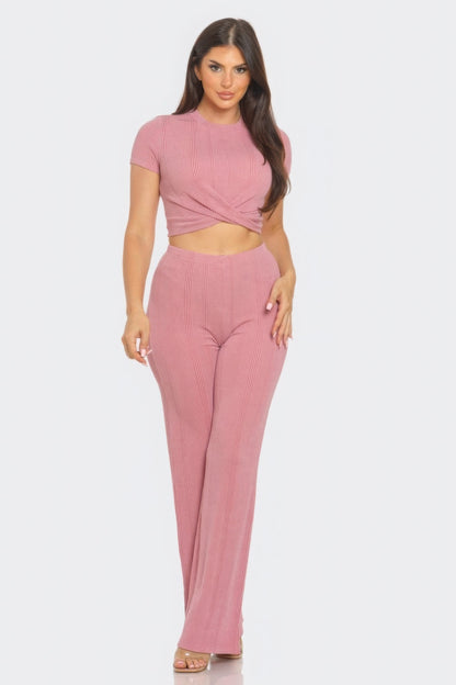 Front Twist Detail Top And Flare Pants Set