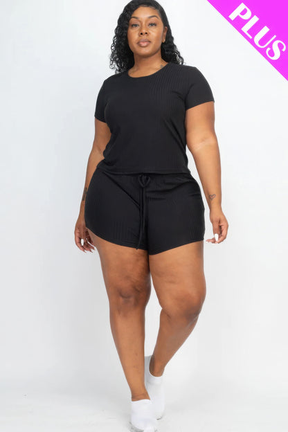 Plus Size Ribbed Short Sleeve Top&shorts Set