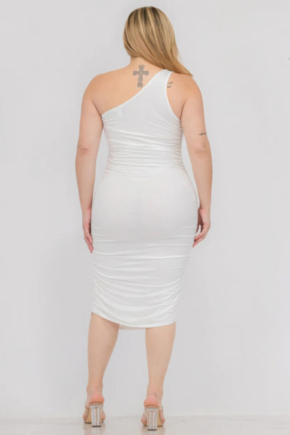 Plus Size Sexy Solid Color Ruched One Shoulder Midi Bodycon Dress