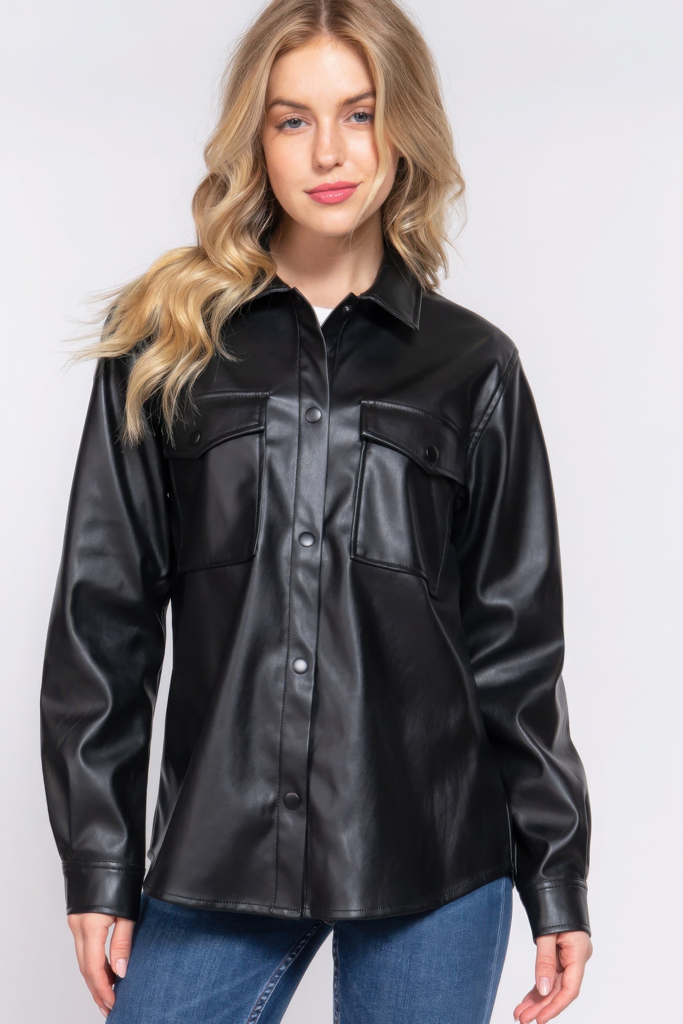 Long Slv Faux Leather Shacket