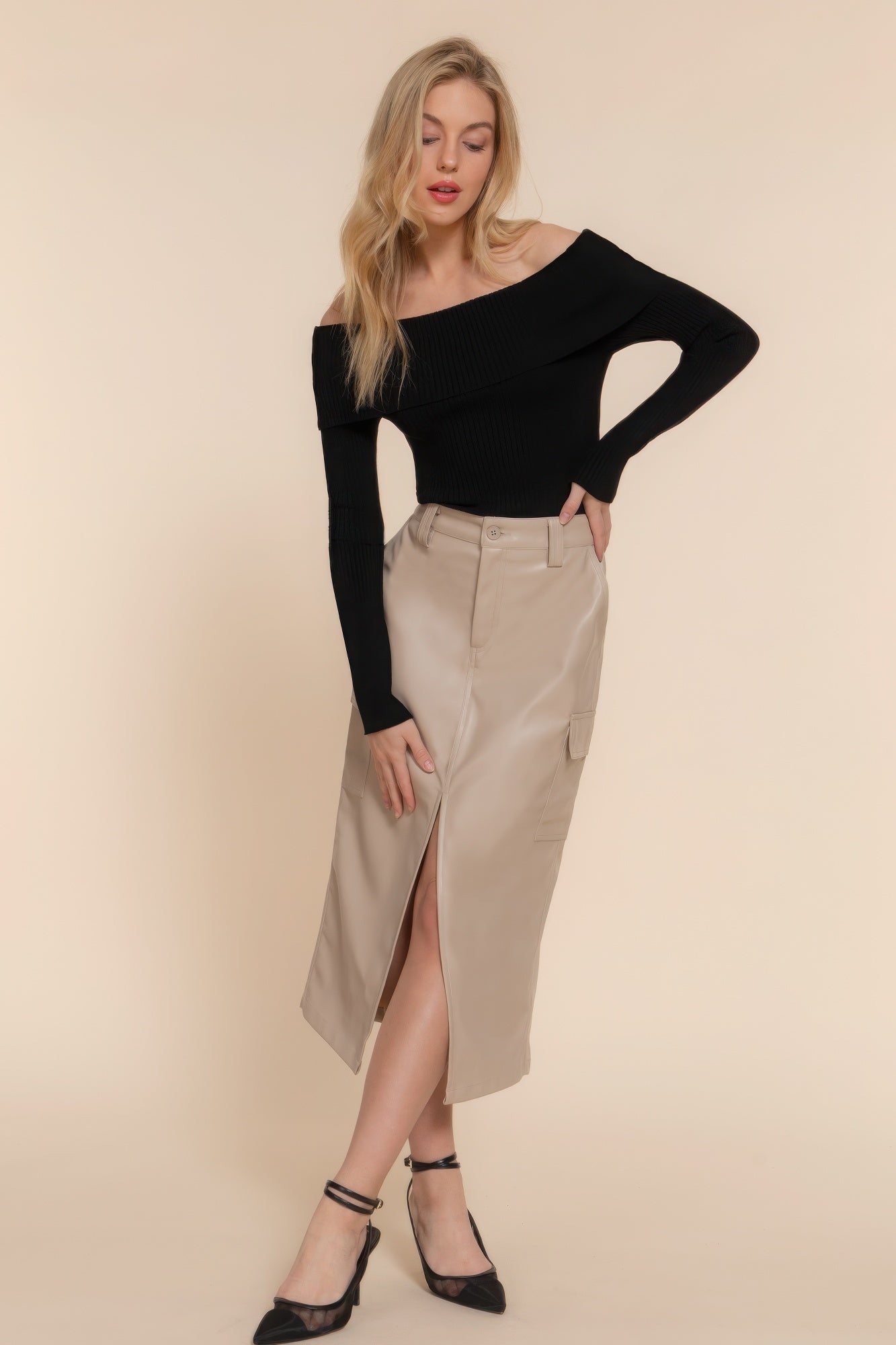 Faux Leather Midi Cargo Skirt