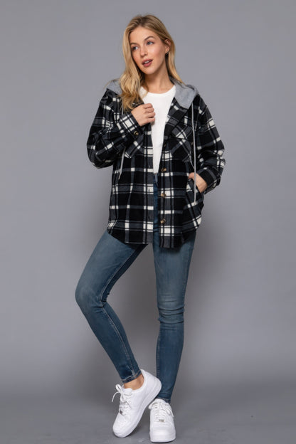 Plaid Print Hoodie Fleece Jacket